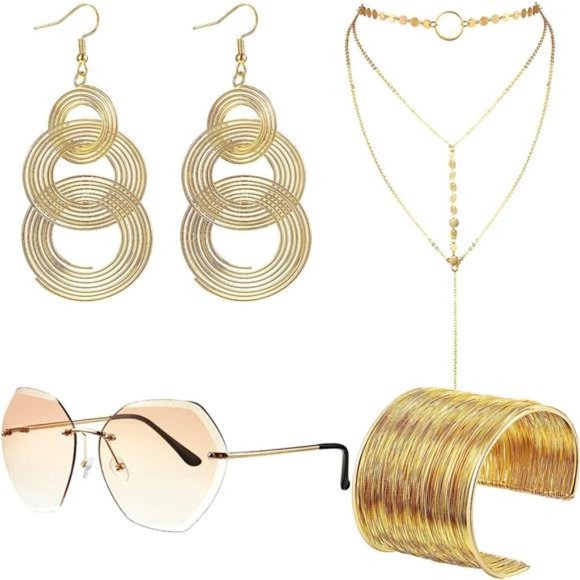70s DiscoSet Rimless Diamond Cutting Sunglasses WireMetal Coil Bracelets Layered - Picture 1 of 6